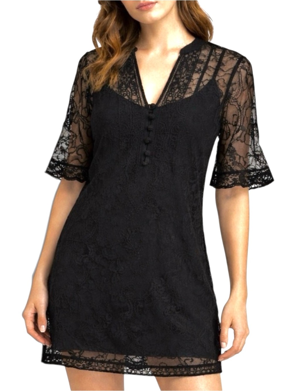 Lucky Brand Black Lace Embroidered Mini Dress Line Sheer Sleeve Boho Medium